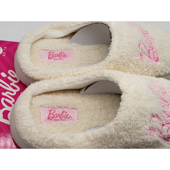 Barbie Womens White Plush Round Toe Casual Cozy Fuzzy Slip On Slippers Size M - Picture 3 of 5